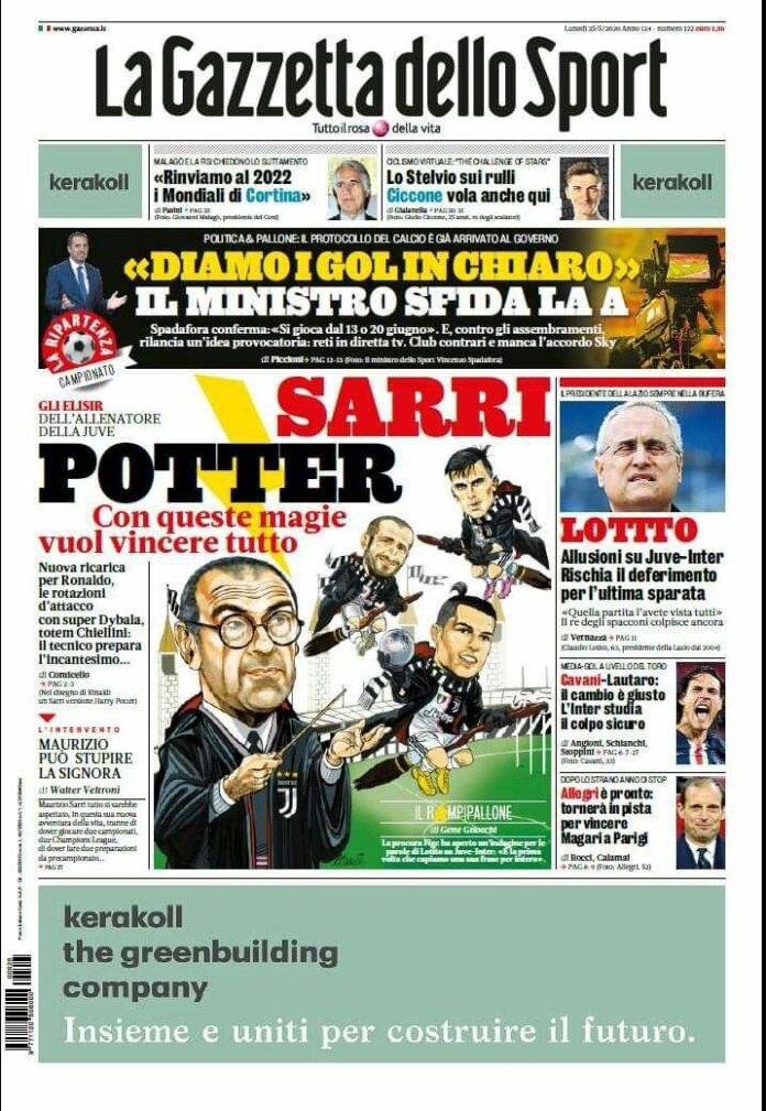 Gazzetta dello Sport, prima pagina 25 maggio 2020