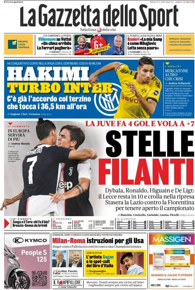 La Gazzetta dello Sport, prima pagina 18 giugno 2020