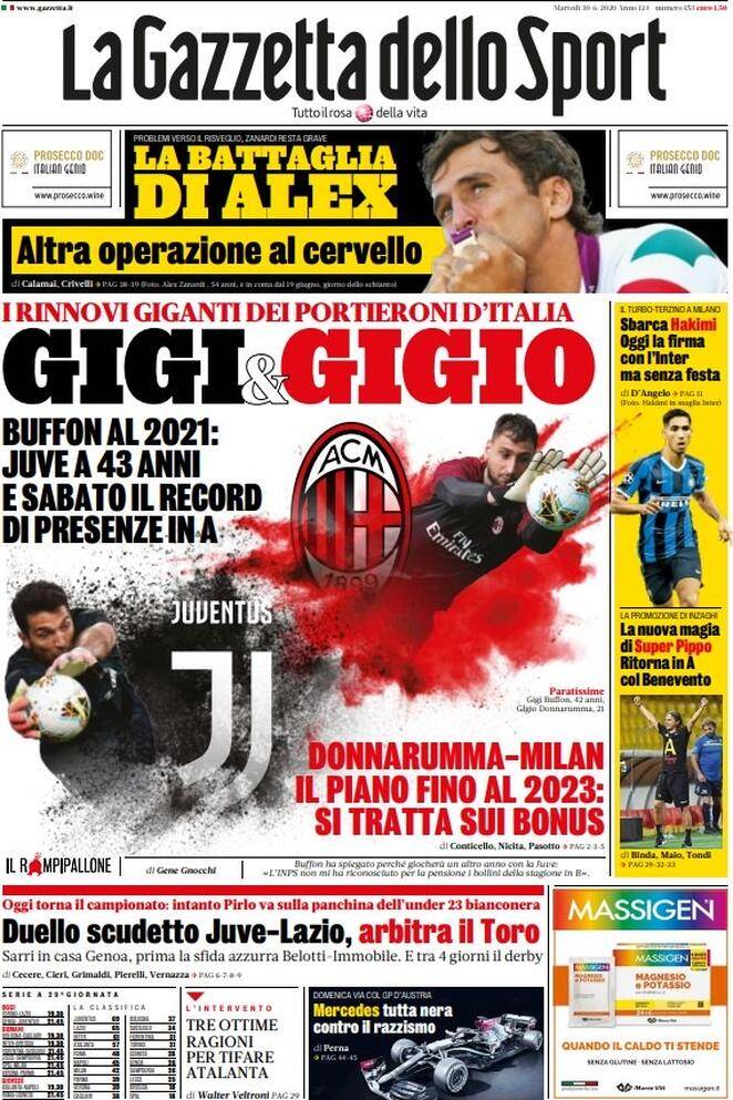 La Gazzetta dello Sport, prima pagina martedì 30 giugno