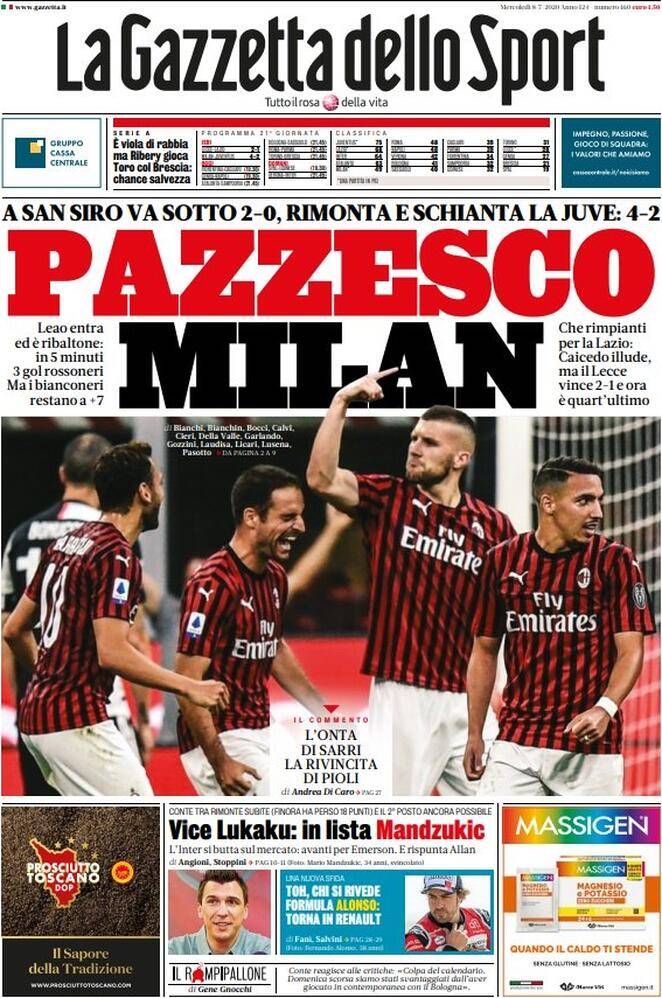 La Gazzetta dello Sport, prima pagina 8 luglio 2020