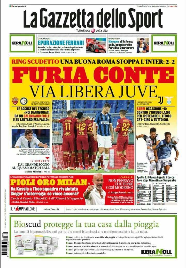 La Gazzetta dello Sport, prima pagina 20 luglio 2020