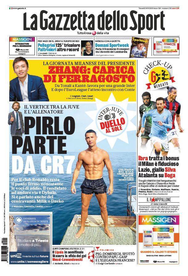 La Gazzetta dello Sport, prima pagina 14 agosto 2020