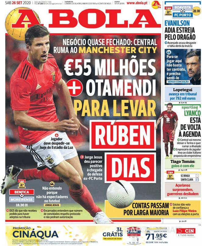 A Bola, prima pagina 26 settembre 2020