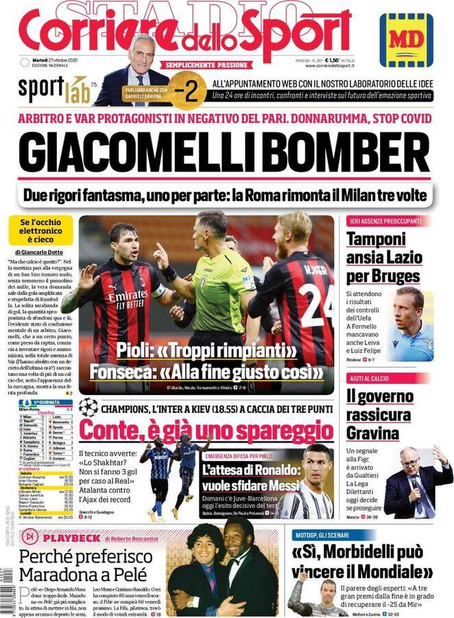 Corriere dello Sport, prima pagina 27 ottobre 2020 Corriere dello Sport, prima pagina 27 ottobre 2020