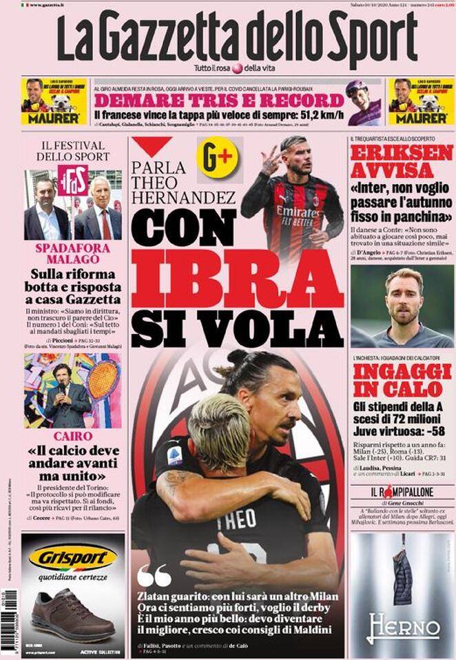La Gazzetta dello Sport, prima pagina 10 ottobre 2020