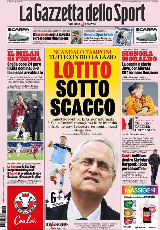 La Gazzetta dello Sport, prima pagina 6 novembre 2020