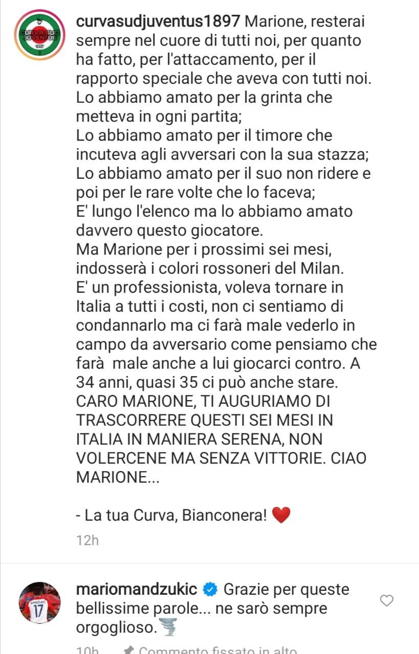 Juventus, il messaggio della curva a Mandzukic | La risposta del croato