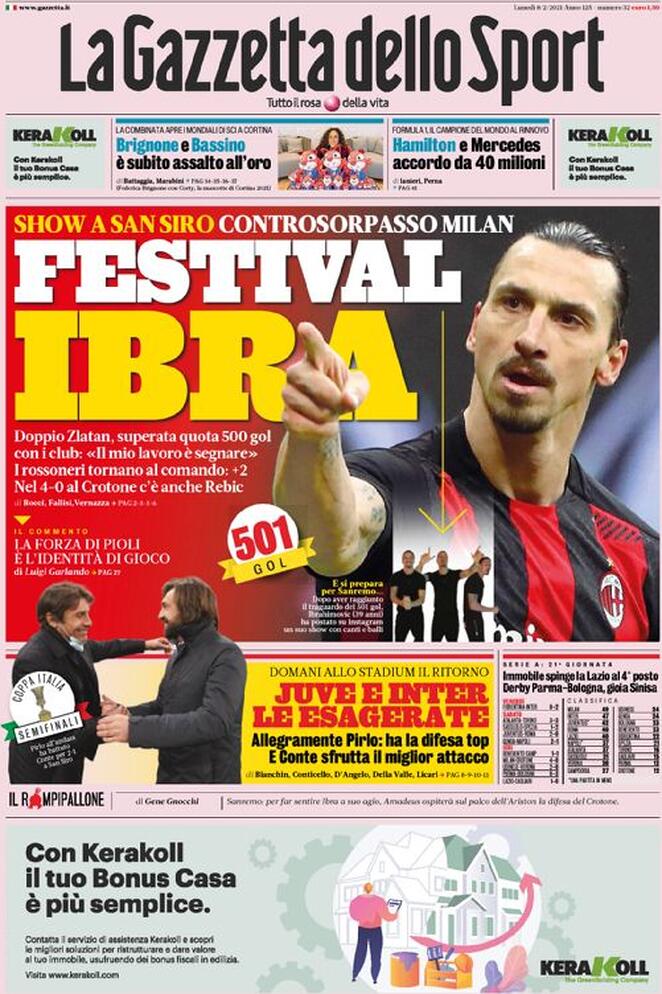 La Gazzetta dello Sport, la prima pagina dell'8 febbraio