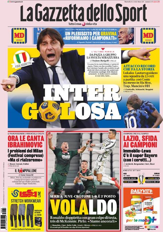 La Gazzetta Dello Sport La Prima Pagina Del 23 Febbraio