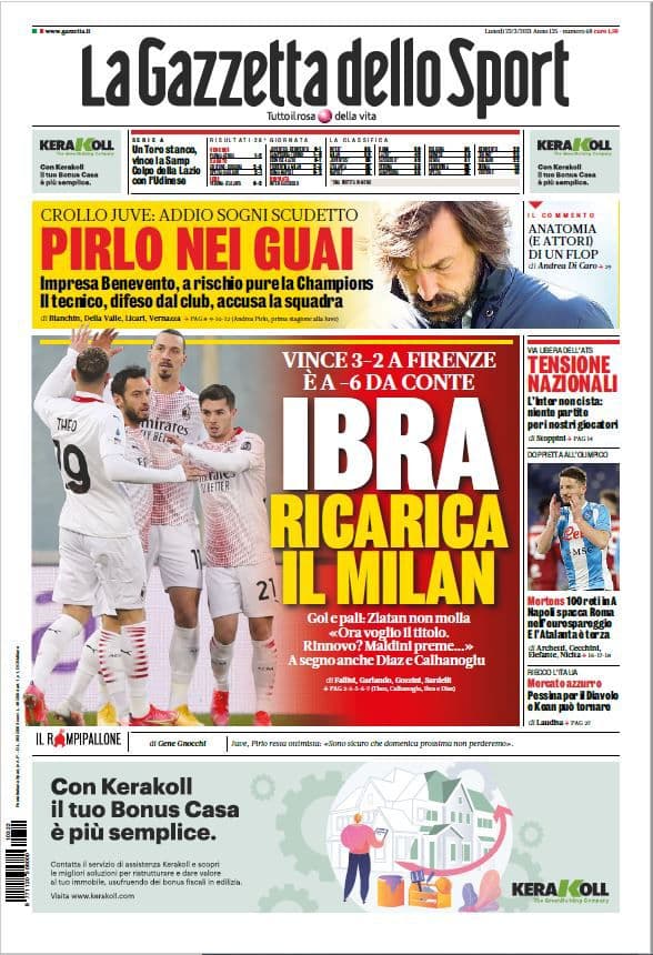 La Gazzetta Dello Sport Prima Pagina 22 Marzo 2021
