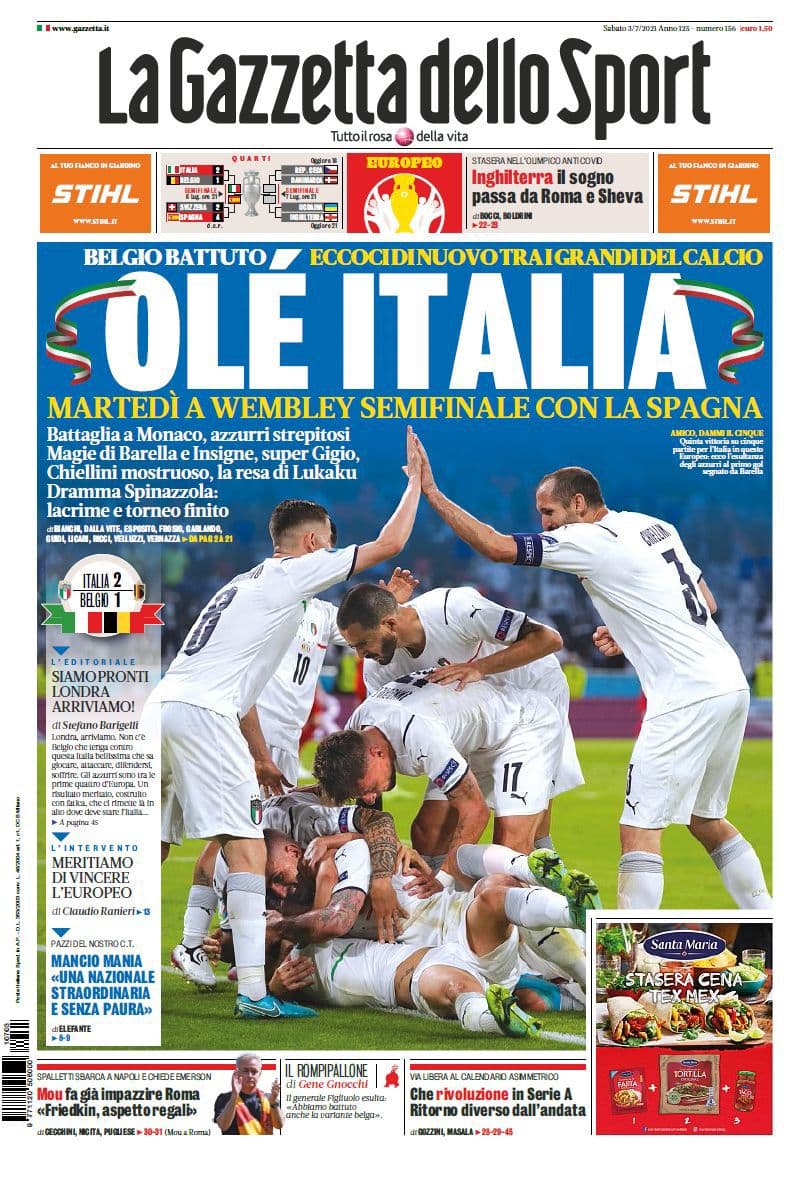 La Gazzetta dello Sport, prima pagina 3 luglio 2021