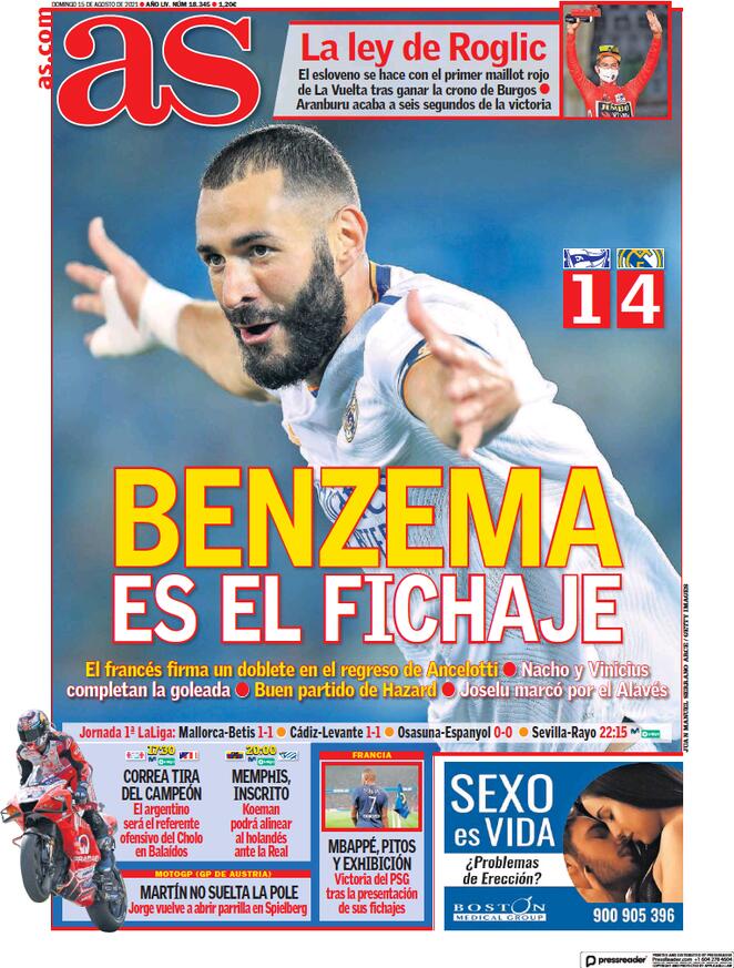 AS, la prima pagina del 14 agosto 2021