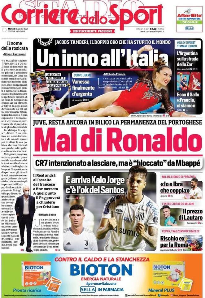 Corriere dello Sport, la prima pagina di oggi 3 agosto