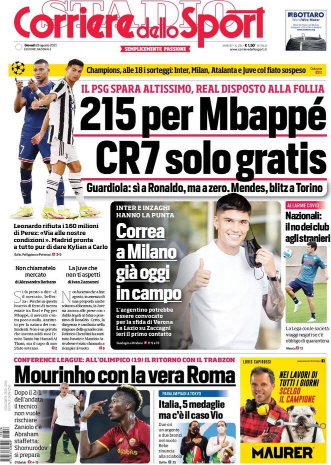 Corriere dello Sport, la prima pagina del 26 agosto 2021