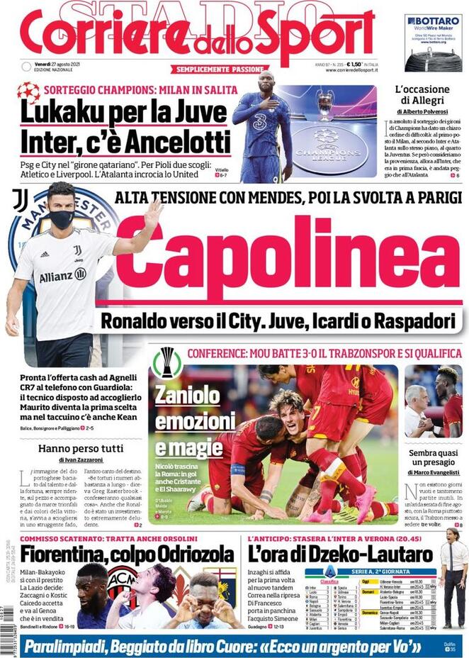 Corriere dello Sport, la prima pagina del 27 agosto