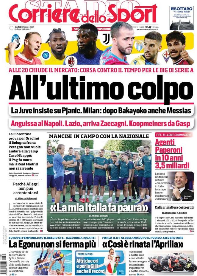 Corriere dello Sport, la prima pagina di oggi 31 agosto