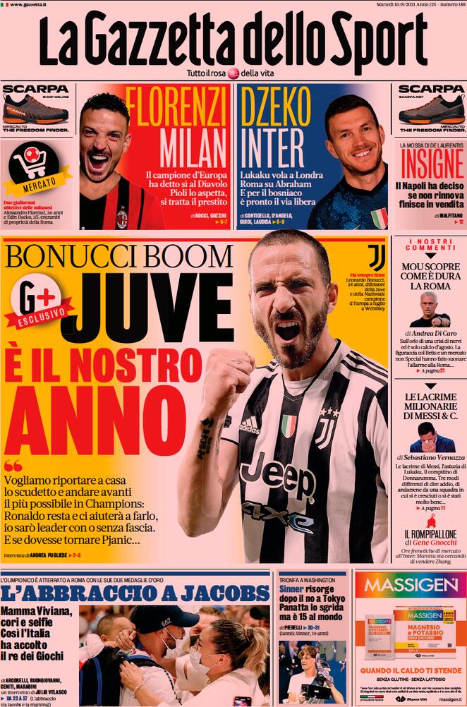 La Gazzetta dello Sport, la prima pagina del 10 agosto 2021