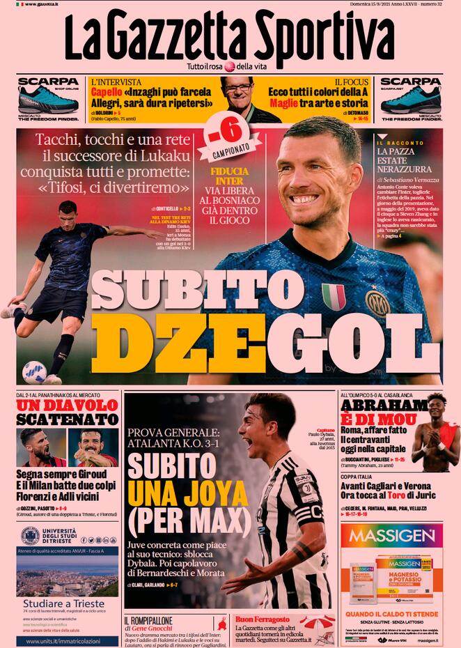 La Gazzetta dello Sport, prima pagina del 15 agosto 2021