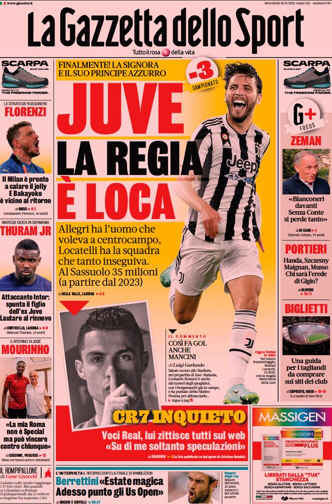 La Gazzetta dello Sport, prima pagina del 18 agosto 2021