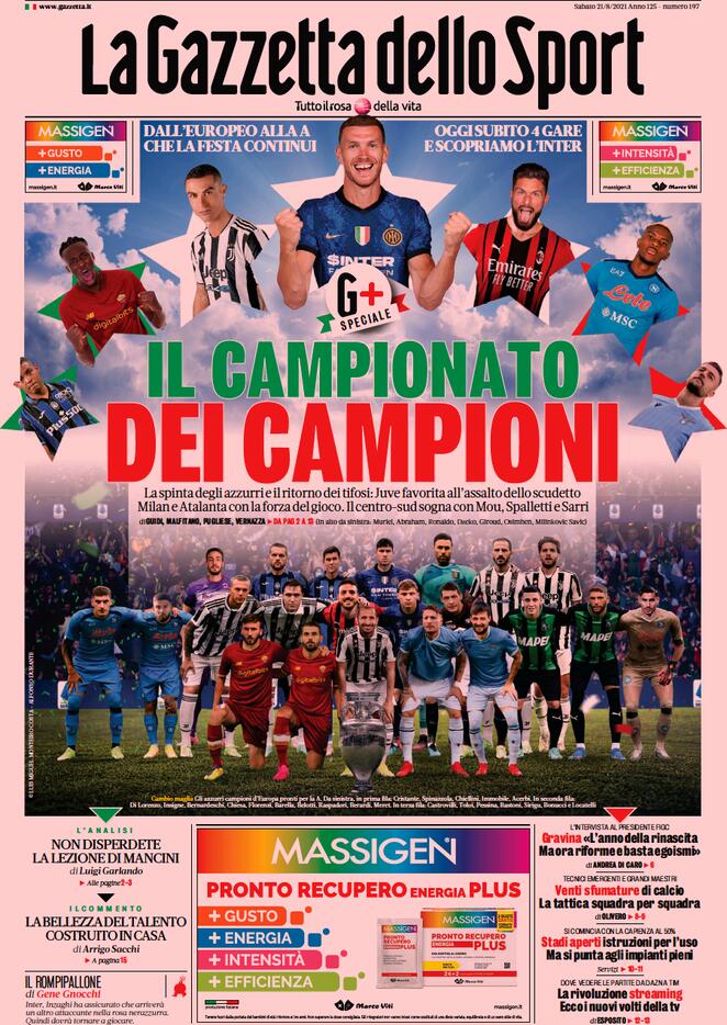 La Gazzetta dello Sport, la prima pagina di oggi 21 agosto