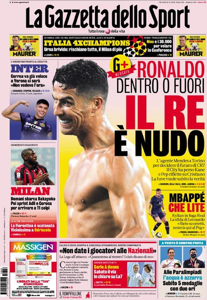 La Gazzetta dello Sport, la prima pagina del 26 agosto 2021