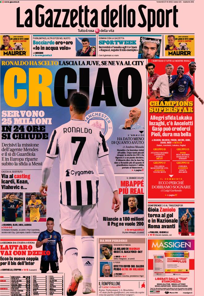 La Gazzetta dello Sport, la prima pagina di oggi 27 agosto