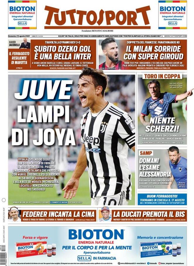 Tuttosport, la prima pagina del 15 agosto 2021