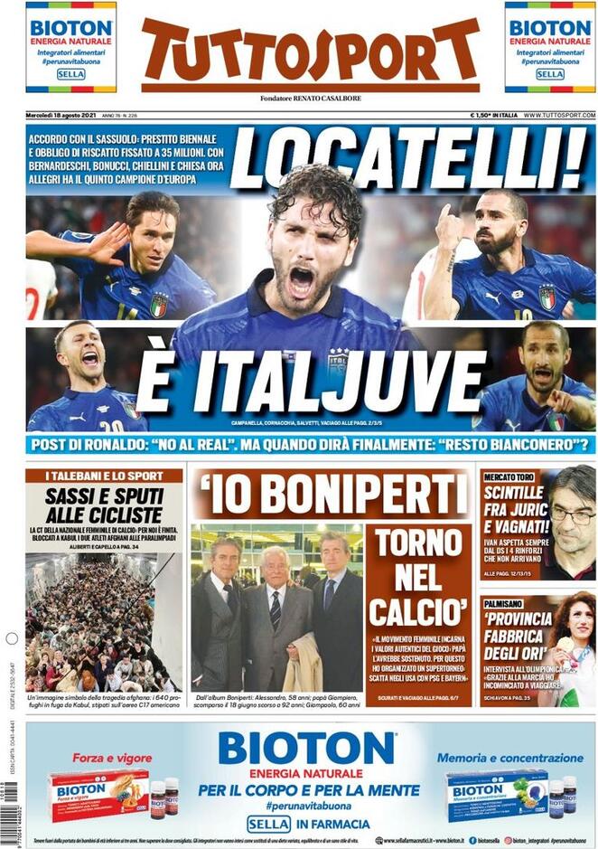 Tuttosport, la prima pagina del 18 agosto 2021