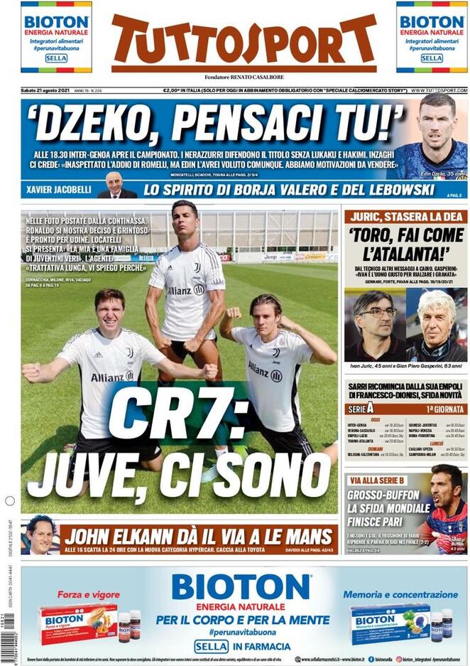 TuttoSport, la prima pagina di oggi 21 agosto 2021