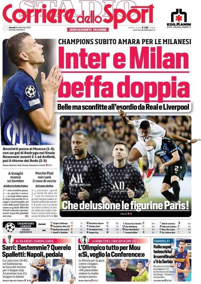 Corriere dello Sport, prima pagina del 16 settembre 2021