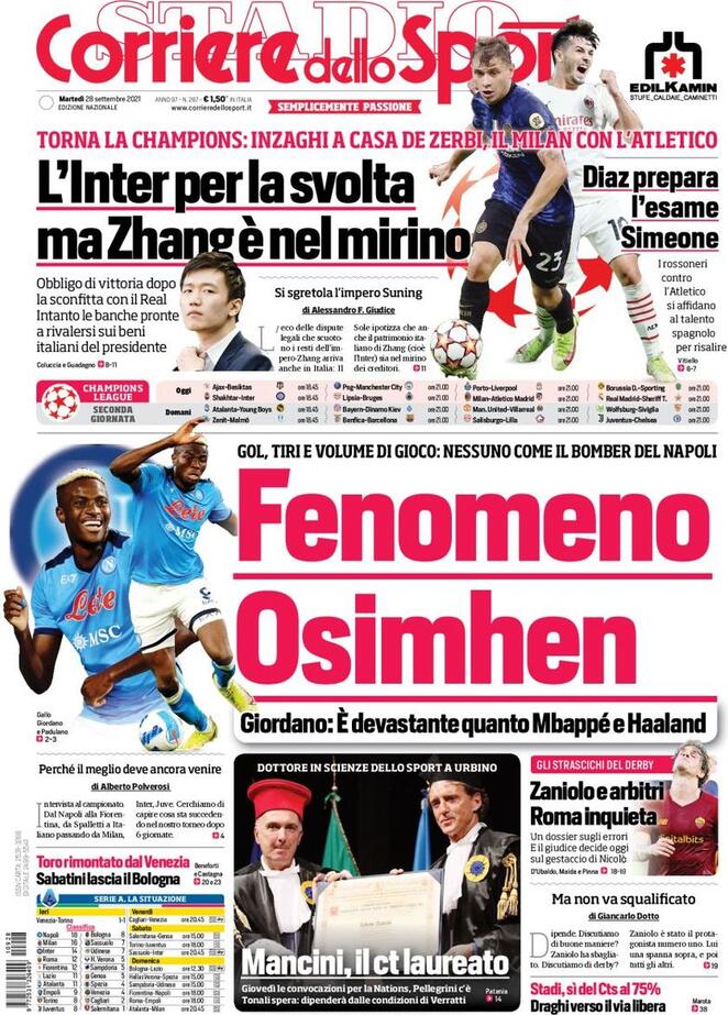 Corriere dello Sport, la prima pagina del 28 settembre