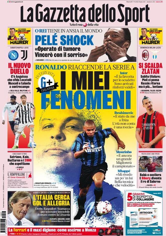 La Gazzetta dello Sport, la prima pagina di oggi 7 settembre