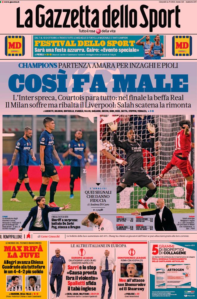 La Gazzetta dello Sport, prima pagina del 16 settembre 2021
