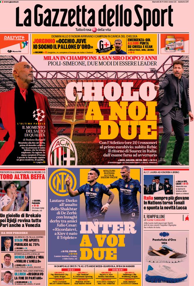 La Gazzetta dello Sport, la prima pagina del 28 settembre