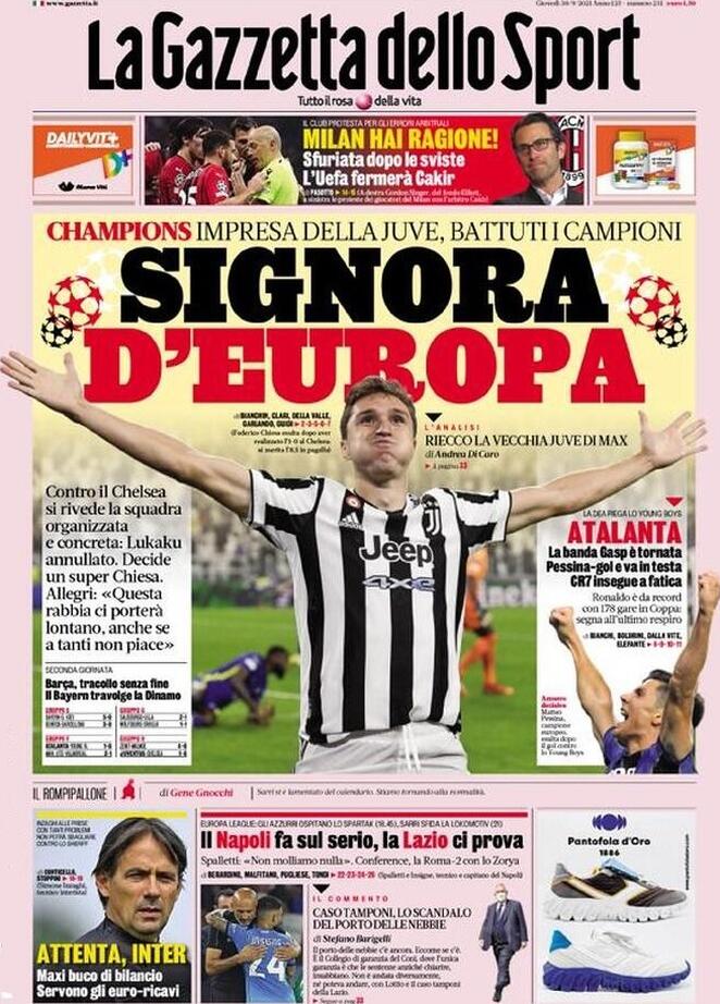 La Gazzetta dello Sport, prima pagina del 30 settembre 2021