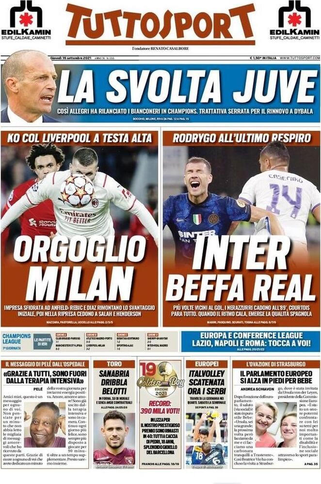 Tuttosport, la prima pagina del 16 settembre 2021
