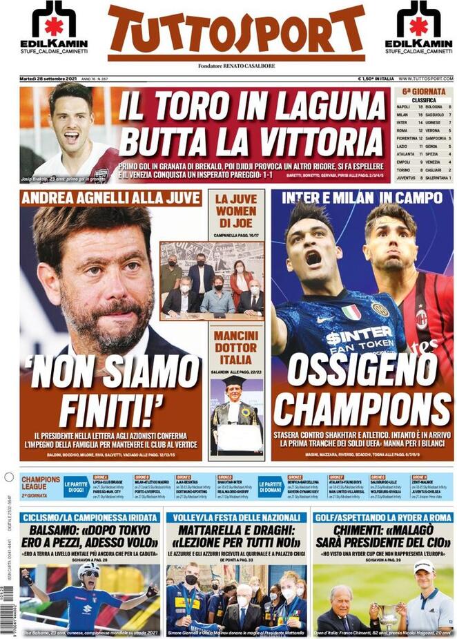 TuttoSport, la prima pagina di oggi 28 settembre 2021
