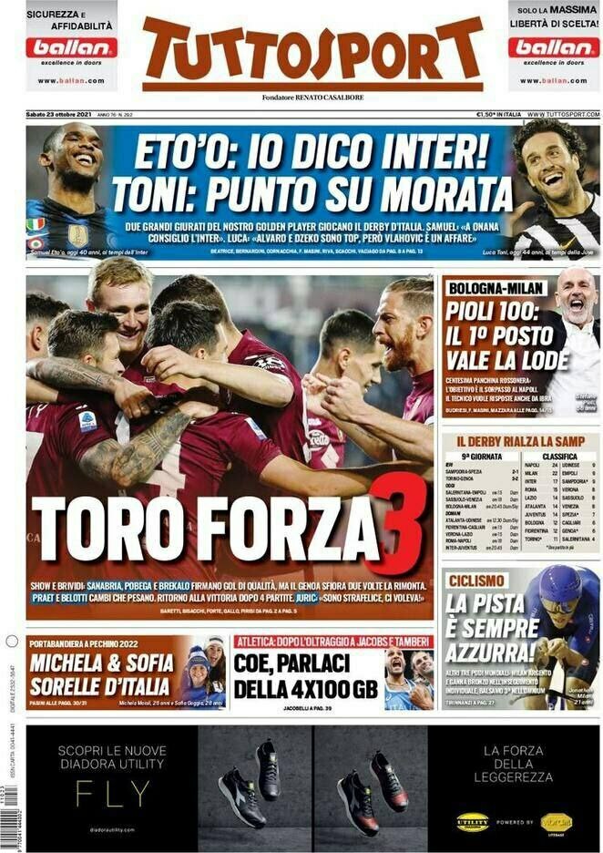 TuttoSport, la prima pagina di oggi 23 ottobre 2021