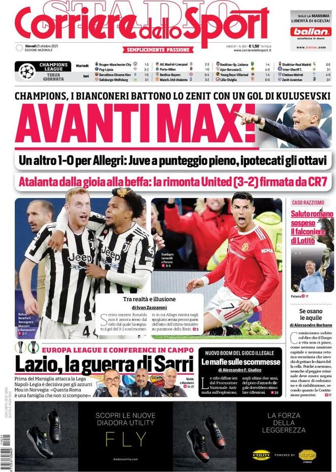 Corriere dello Sport, prima pagina del 21 ottobre 2021