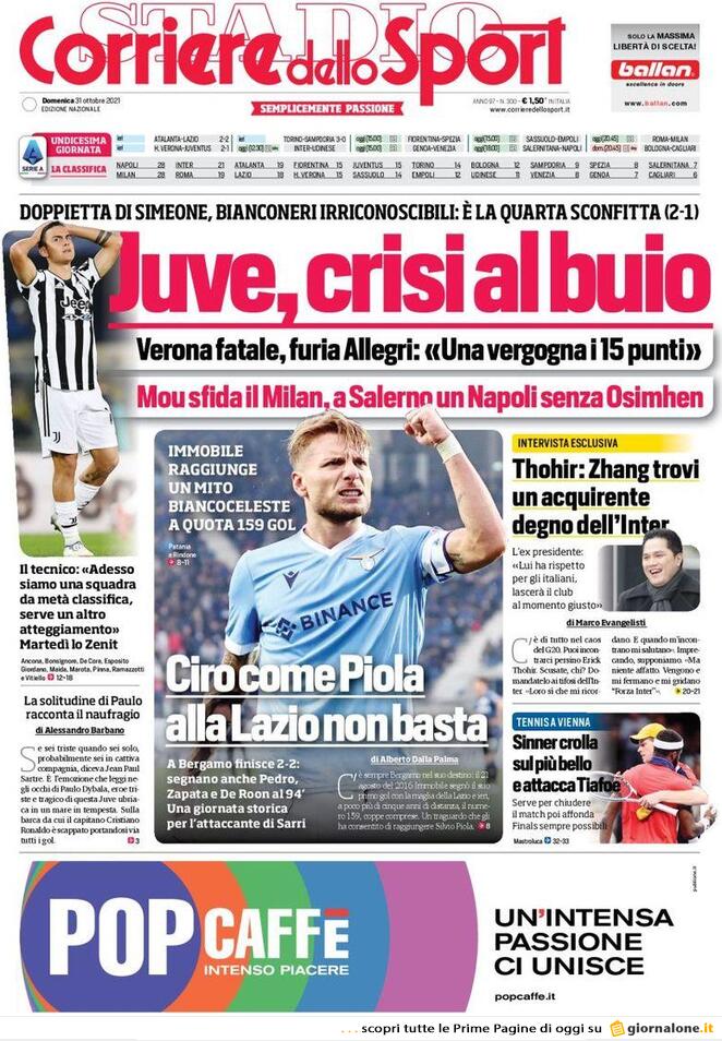 Corriere dello Sport, la prima pagina del 31 ottobre 2021