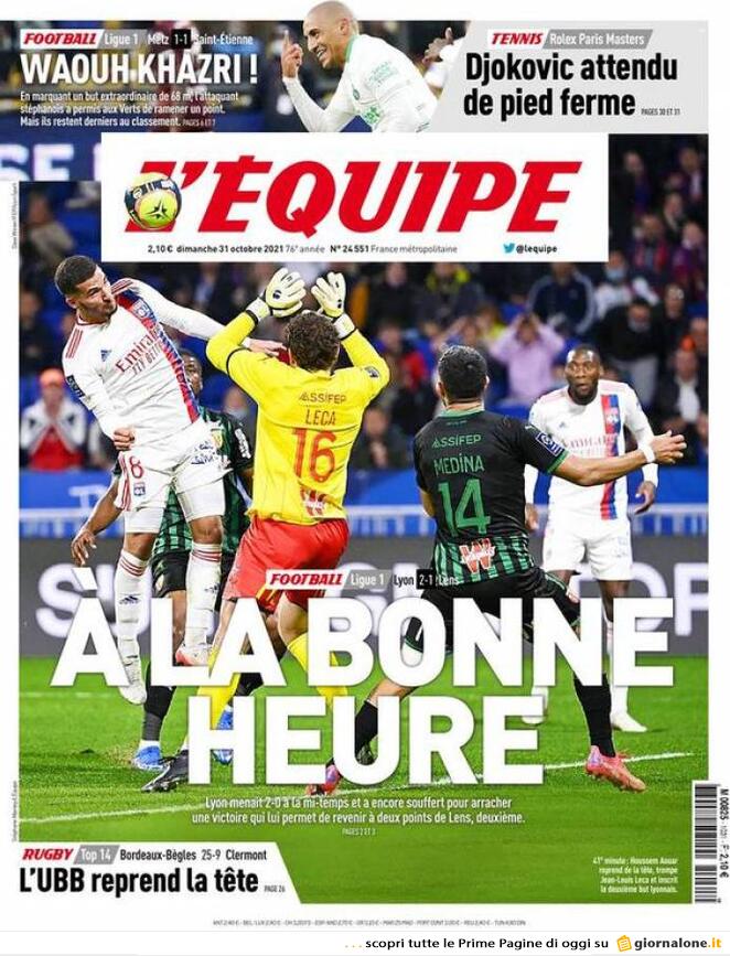 L'Equipe, la prima pagina del 31 ottobre 2021