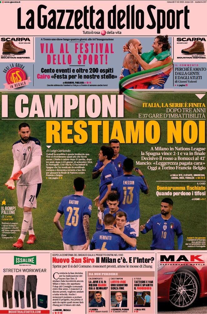 La Gazzetta dello Sport, prima pagina del 7 ottobre 2021