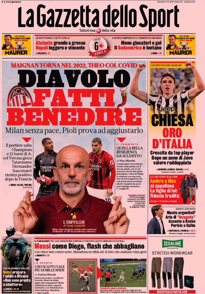 La Gazzetta dello Sport, la prima pagina di oggi 14 ottobre