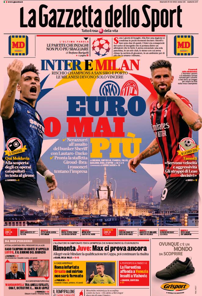 La Gazzetta dello Sport, prima pagina del 19 ottobre 2021