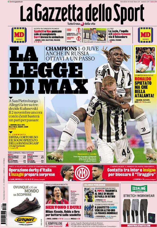 La Gazzetta dello Sport, prima pagina del 21 ottobre 2021