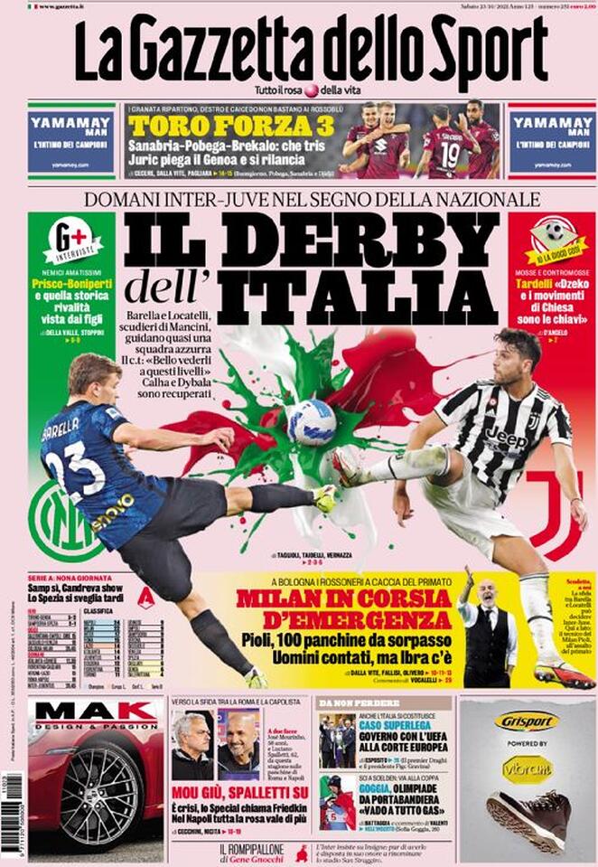 La Gazzetta dello Sport, la prima pagina di oggi 23 ottobre