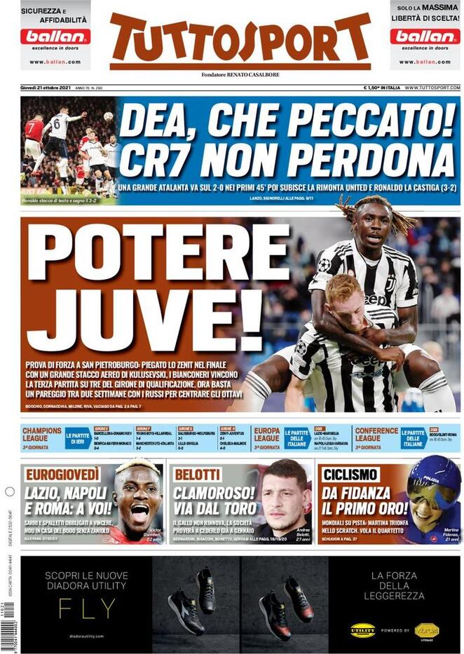 TuttoSport, la prima pagina del 21 ottobre 2021