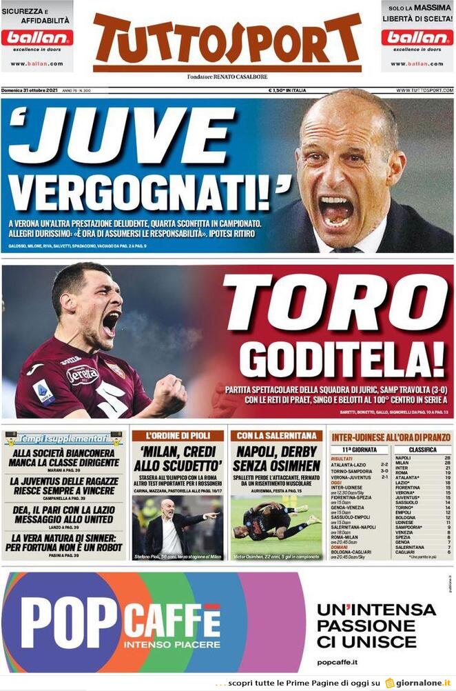 Tuttosport, la prima pagina del 31 ottobre 2021