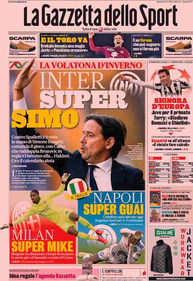 La Gazzetta dello Sport, prima pagina del 23 novembre 2021