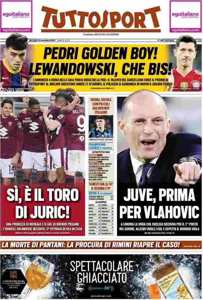 TuttoSport, la prima pagina del 23 novembre 2021